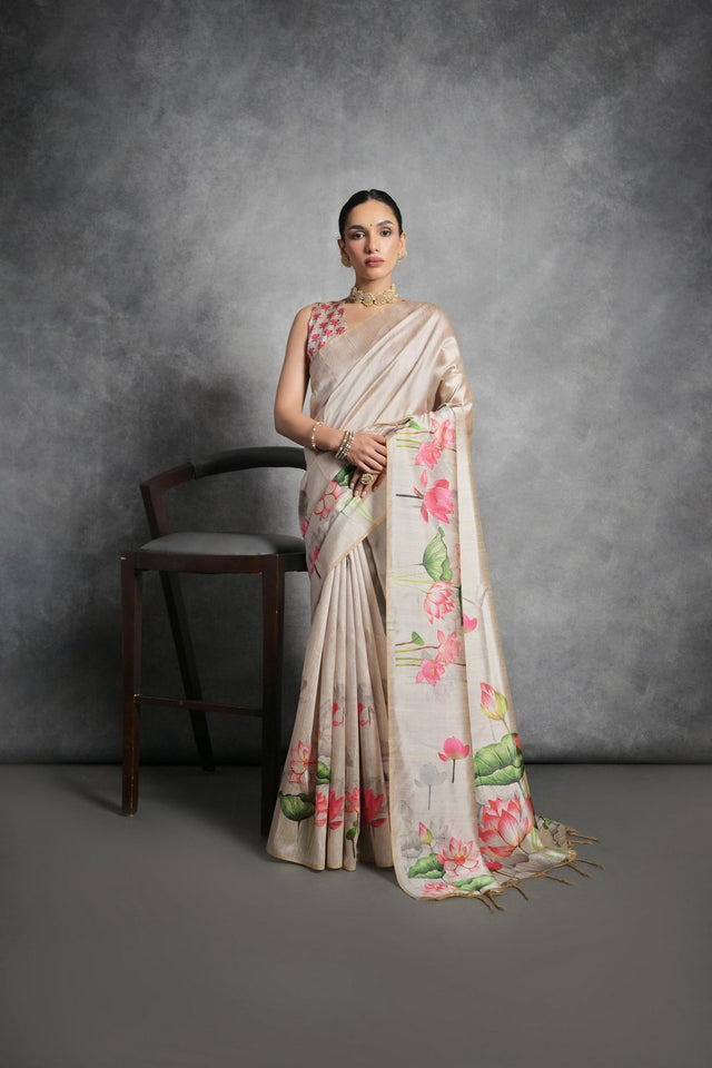 Cream Floral Printed Art Silk Saree (Eth_SR_284)