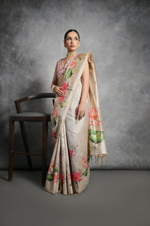 Cream Floral Printed Art Silk Saree (Eth_SR_284)