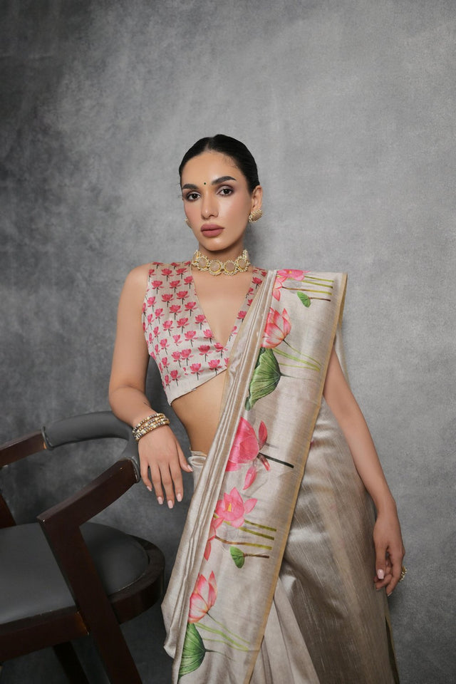 Cream Floral Printed Art Silk Saree (Eth_SR_284)