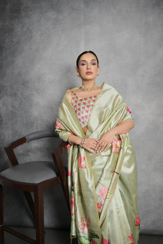 Green Floral Printed Art Silk Saree (Eth_SR_288)