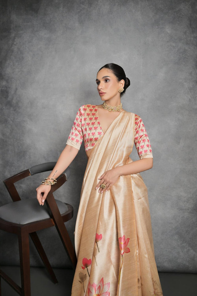 Yellow Floral Printed Art Silk Saree (Eth_SR_290)