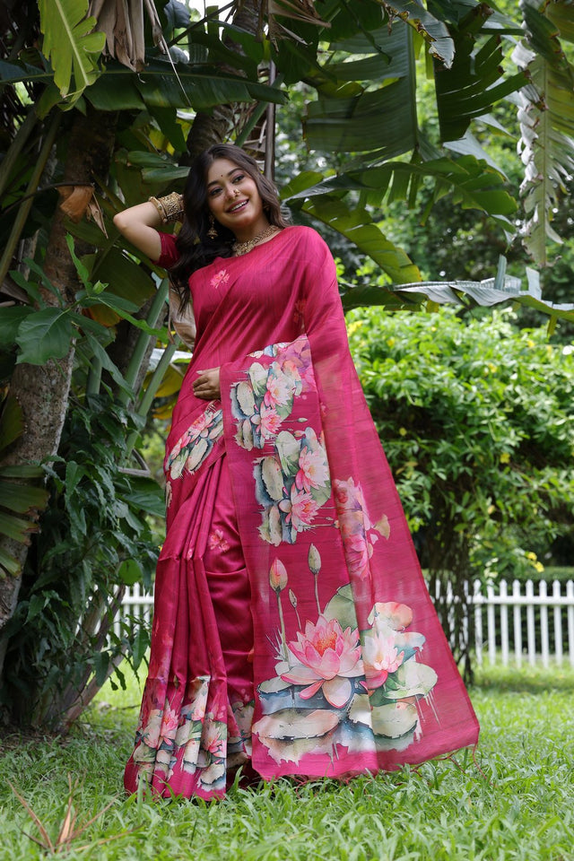Pink Floral Printed Art Silk Saree (Eth_SR_292)