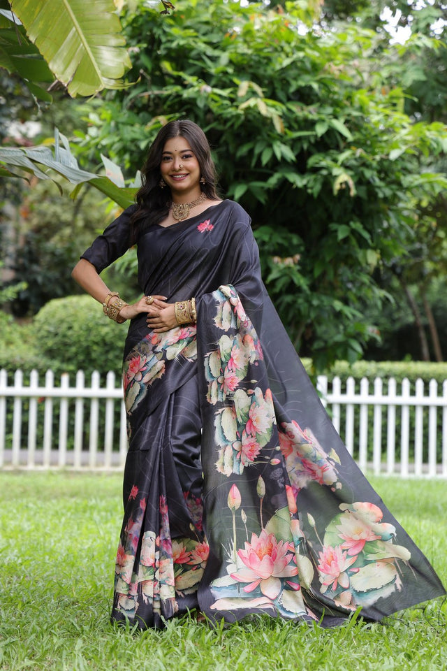 Black Floral Printed Art Silk Saree (Eth_SR_295)