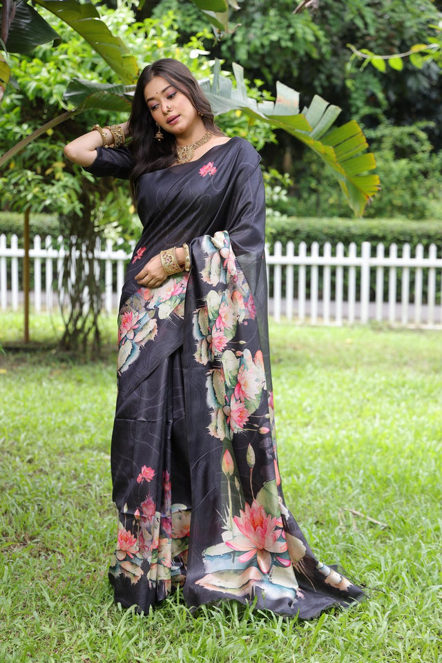 Black Floral Printed Art Silk Saree (Eth_SR_295)