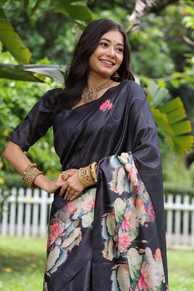 Black Floral Printed Art Silk Saree (Eth_SR_295)
