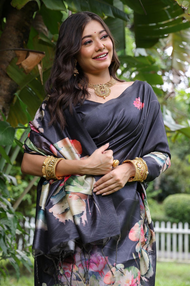 Black Floral Printed Art Silk Saree (Eth_SR_295)