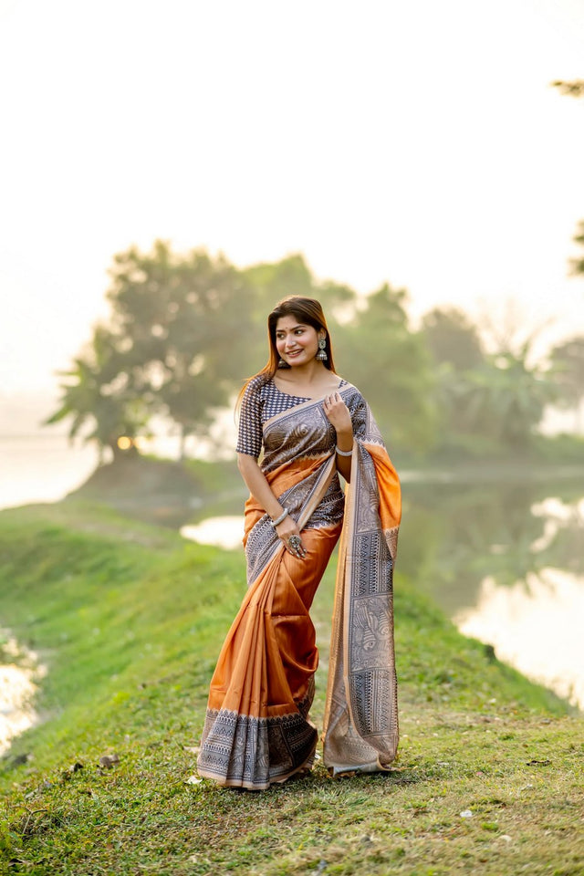 Orange Printed Art Silk Saree (Eth_SR_304)