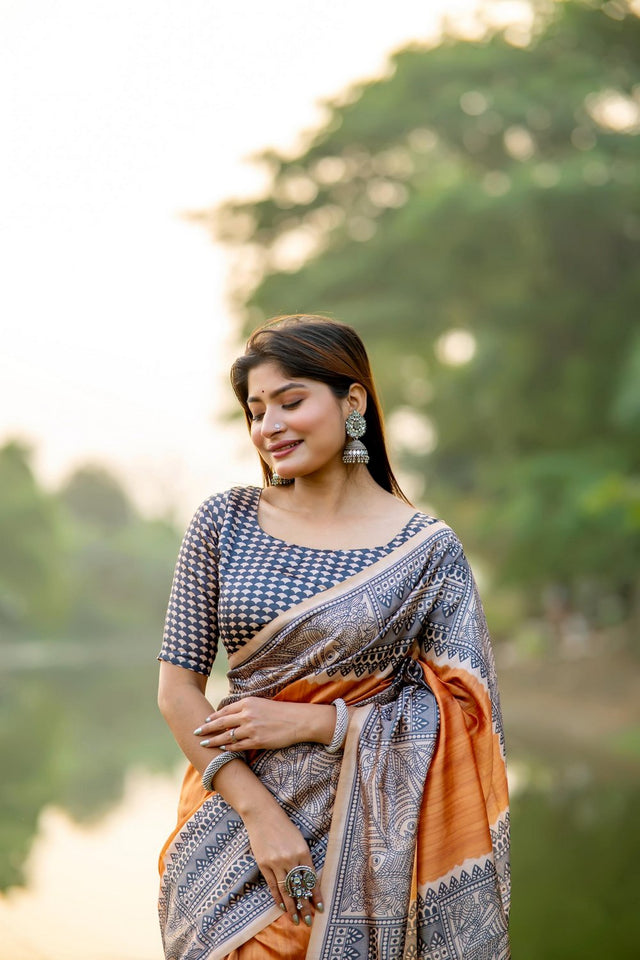 Orange Printed Art Silk Saree (Eth_SR_304)