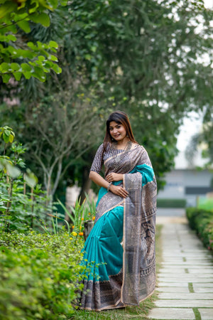 Turquoise Floral Printed Art Silk Saree (Eth_SR_310)