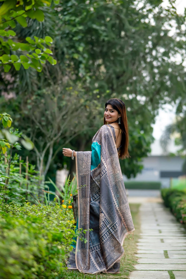 Turquoise Floral Printed Art Silk Saree (Eth_SR_310)