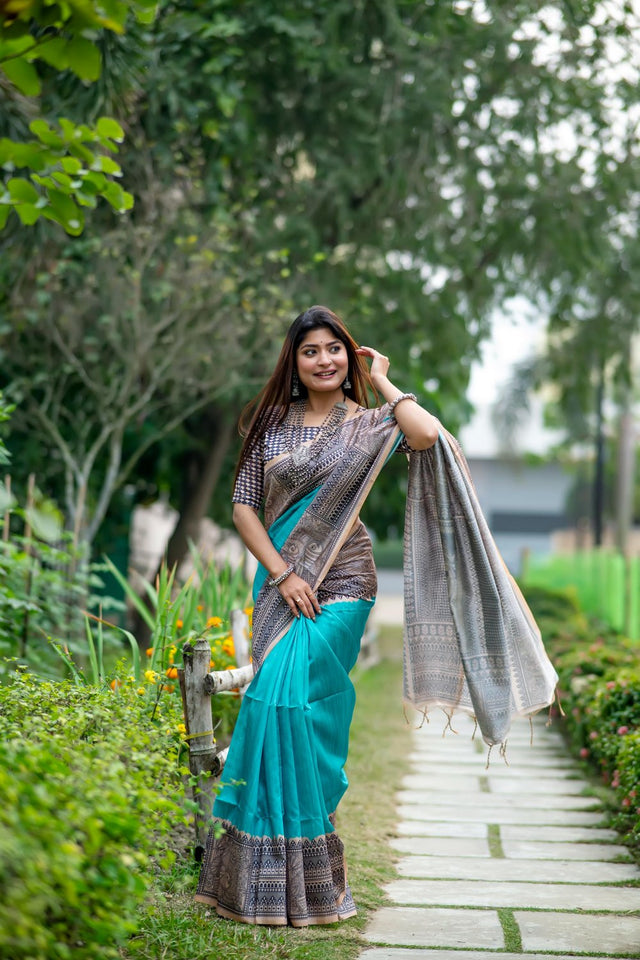 Turquoise Floral Printed Art Silk Saree (Eth_SR_310)