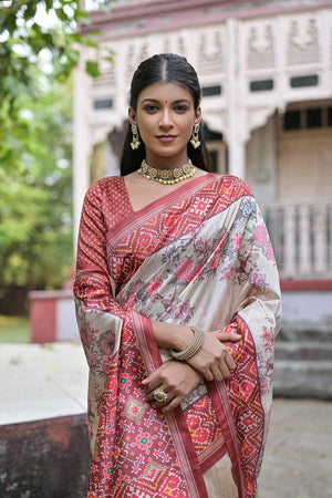 Brown Floral Printed Art Silk Saree (Eth_SR_313)