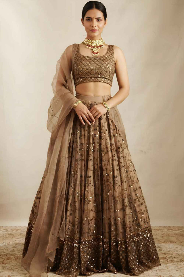 Brown Sequins with Embroidered Net Lehenga