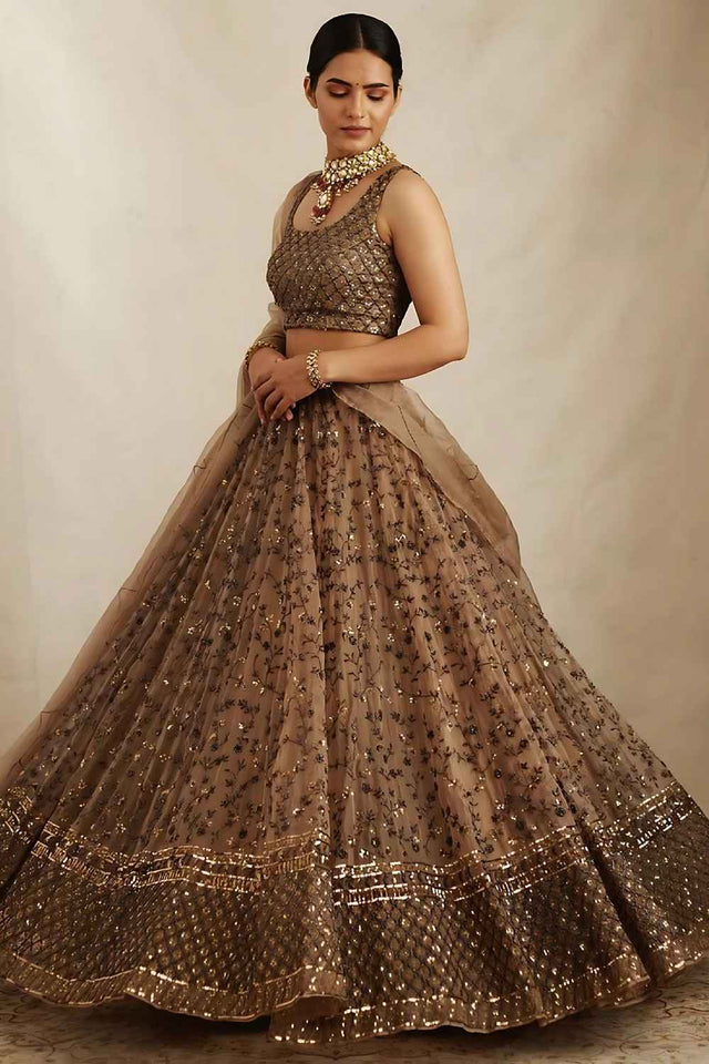 Brown Sequins with Embroidered Net Lehenga