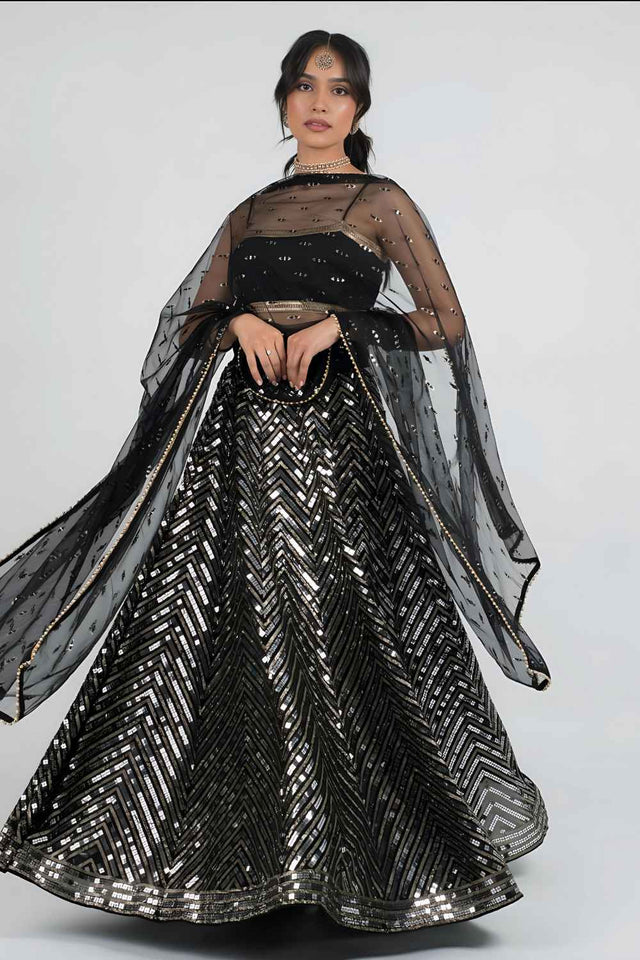 Black Mirror Sequins Georgette Lehenga