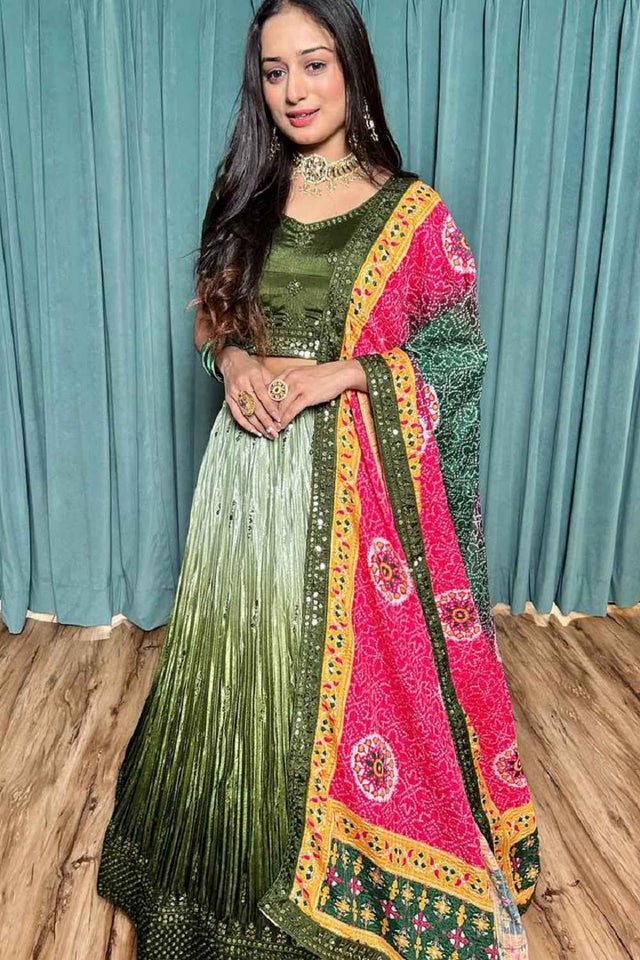 Dark Green Sequins Silk Lehenga