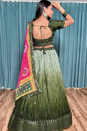 Dark Green Sequins Silk Lehenga