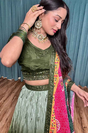 Dark Green Sequins Silk Lehenga