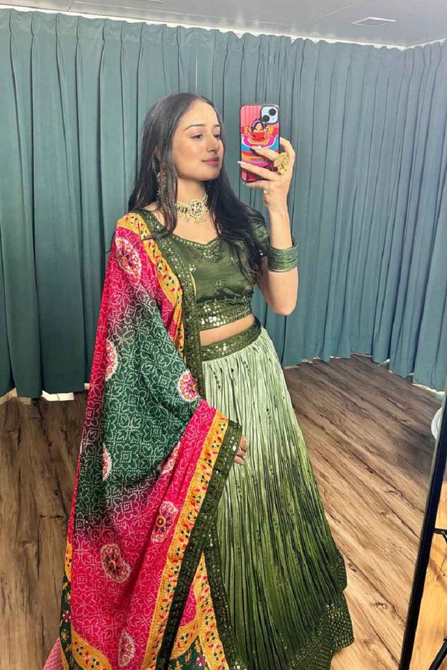 Dark Green Sequins Silk Lehenga