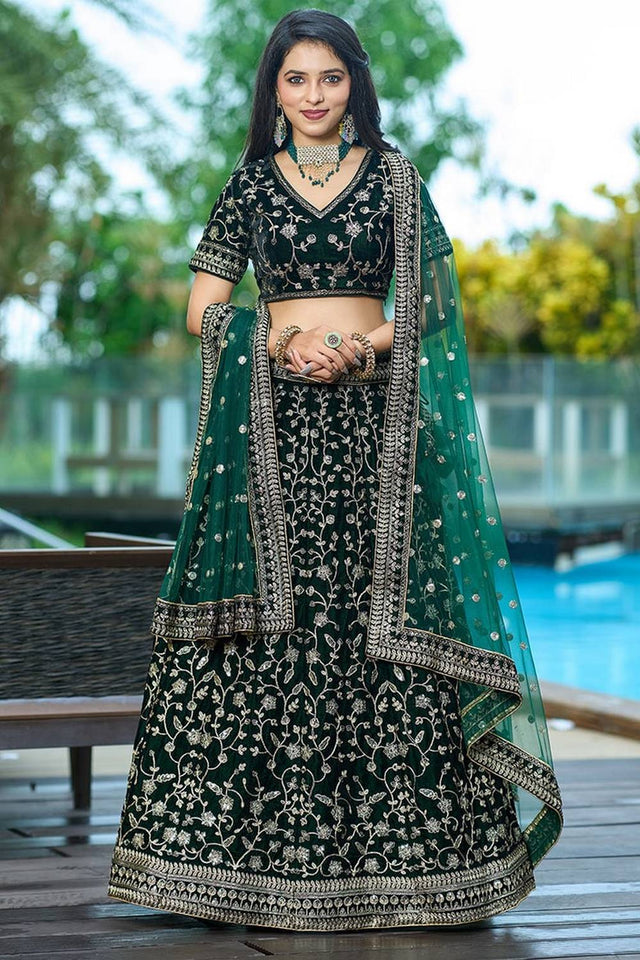 Green Floral Embroidered Velvet Lehenga (FD_Agreenvel)
