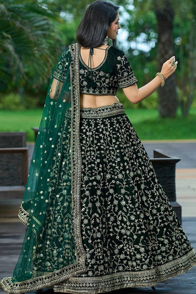 Green Floral Embroidered Velvet Lehenga (FD_Agreenvel)