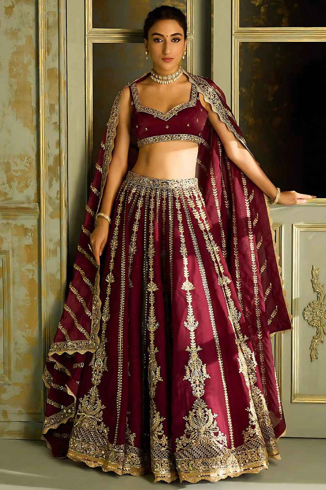 Maroon Embroidered Silk Lehenga