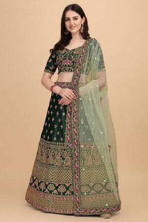 Green Floral Embroidered Art Silk Lehenga
