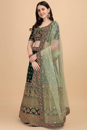 Green Floral Embroidered Art Silk Lehenga