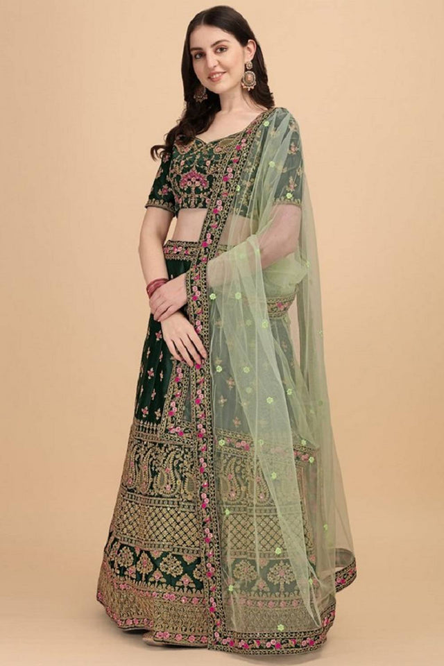 Green Floral Embroidered Art Silk Lehenga