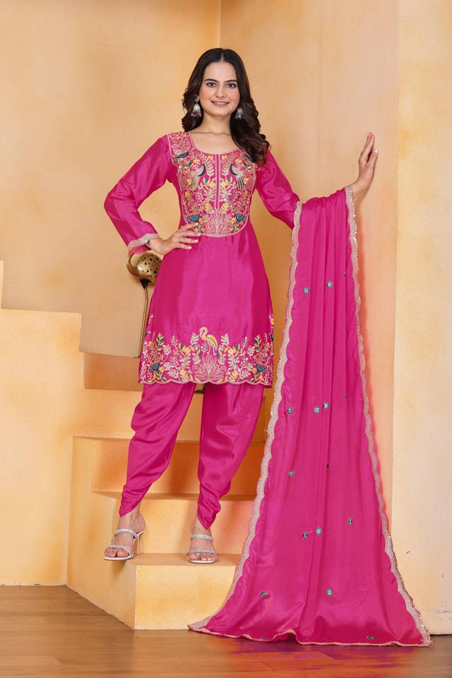 Wine Floral Embroidered Silk Punjabi Suit Set
