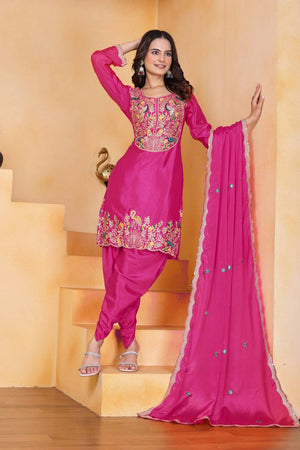 Wine Floral Embroidered Silk Punjabi Suit Set