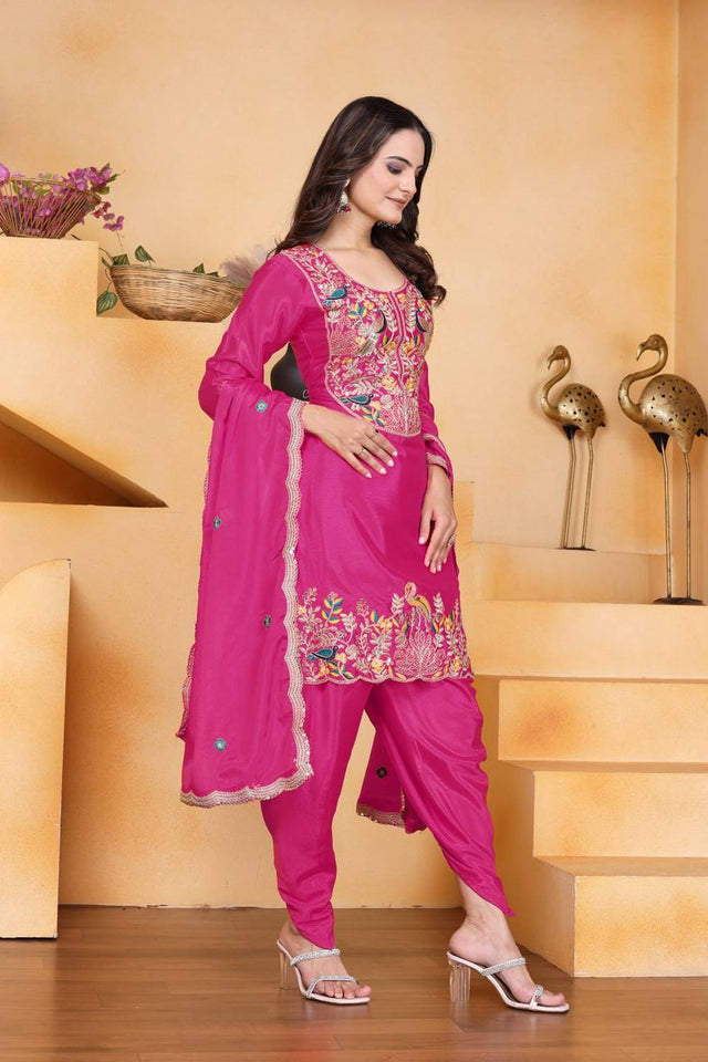 Wine Floral Embroidered Silk Punjabi Suit Set