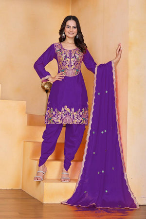 Violet Floral Embroidered Silk Punjabi Suit Set
