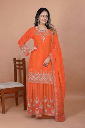 Orange Sequin with Embroidered Silk Sharara Suits