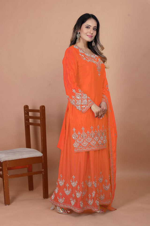 Orange Sequin with Embroidered Silk Sharara Suits