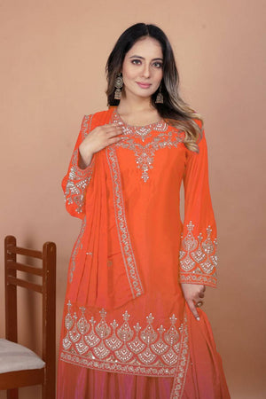 Orange Sequin with Embroidered Silk Sharara Suits