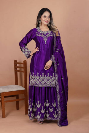 Violet Sequin with Embroidered Silk Sharara Suits