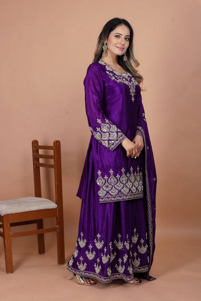 Violet Sequin with Embroidered Silk Sharara Suits