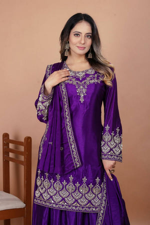 Violet Sequin with Embroidered Silk Sharara Suits