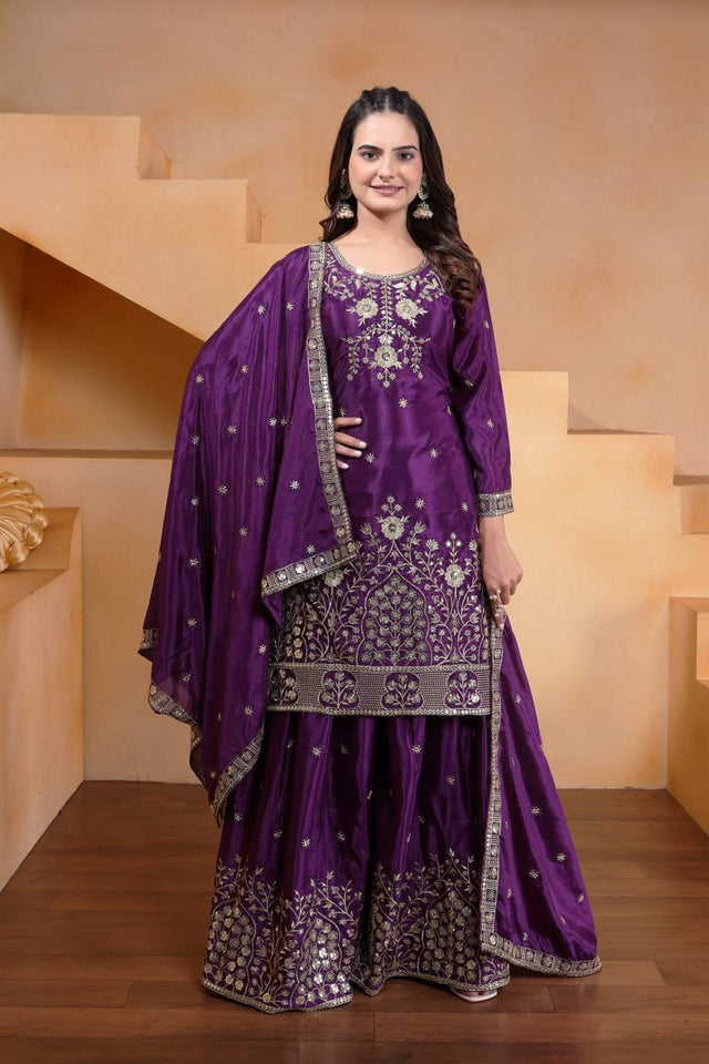 Violet Embroidered Silk Sharara Suits
