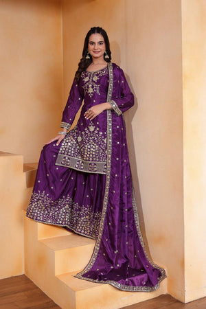 Violet Embroidered Silk Sharara Suits