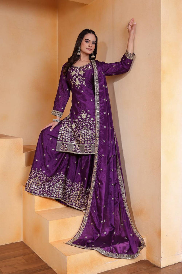 Violet Embroidered Silk Sharara Suits