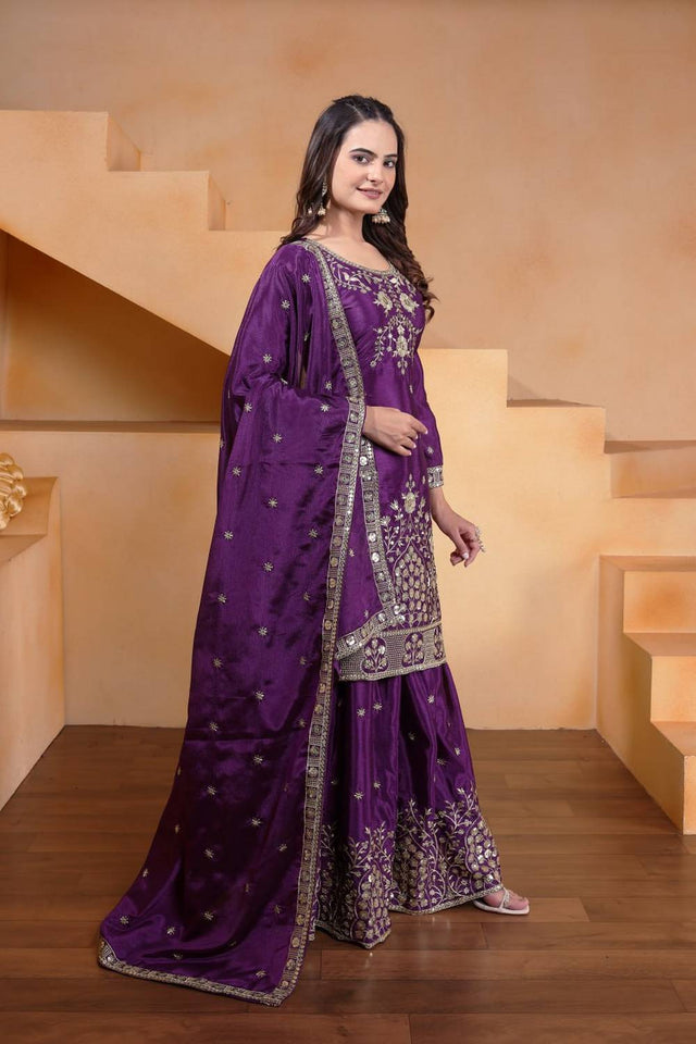 Violet Embroidered Silk Sharara Suits
