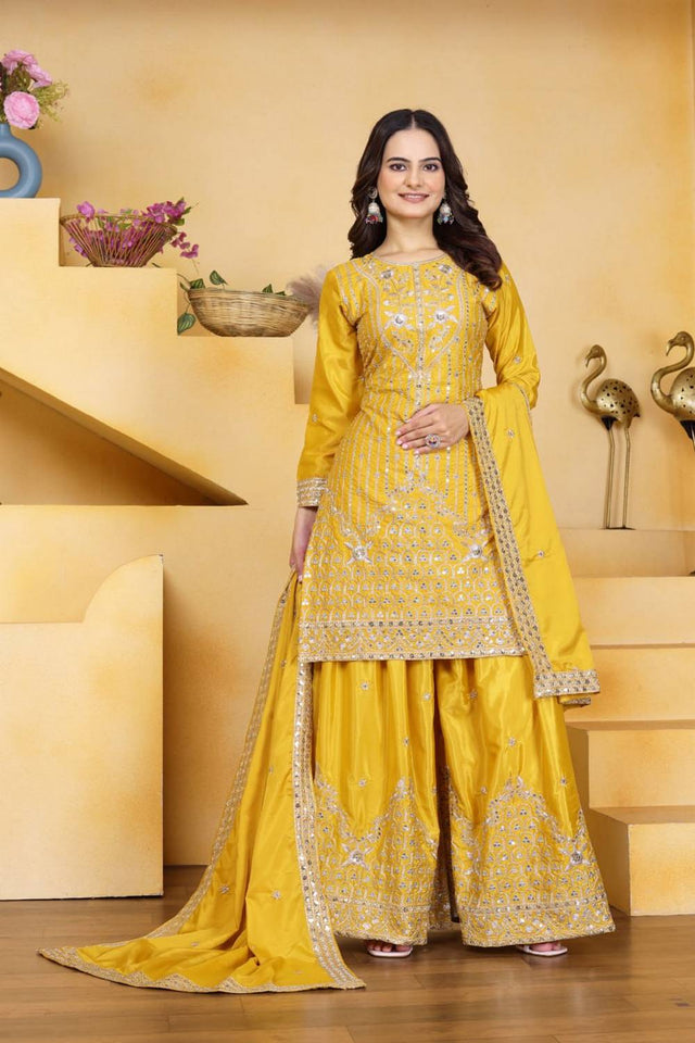 Yellow Sequin with Embroidered Silk Sharara Suits