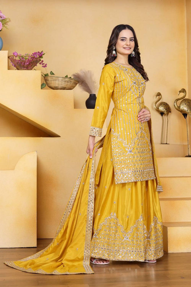 Yellow Sequin with Embroidered Silk Sharara Suits