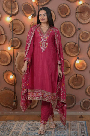 Pink Floral Embroidered Silk Straight Cut Suits