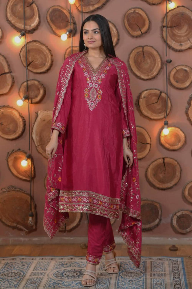 Pink Floral Embroidered Silk Straight Cut Suits