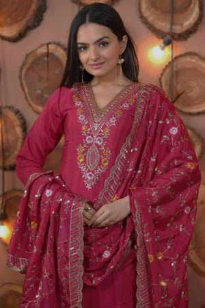 Pink Floral Embroidered Silk Straight Cut Suits