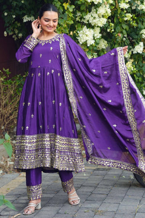 Violet Floral Embroidered Silk Anarkali Suits