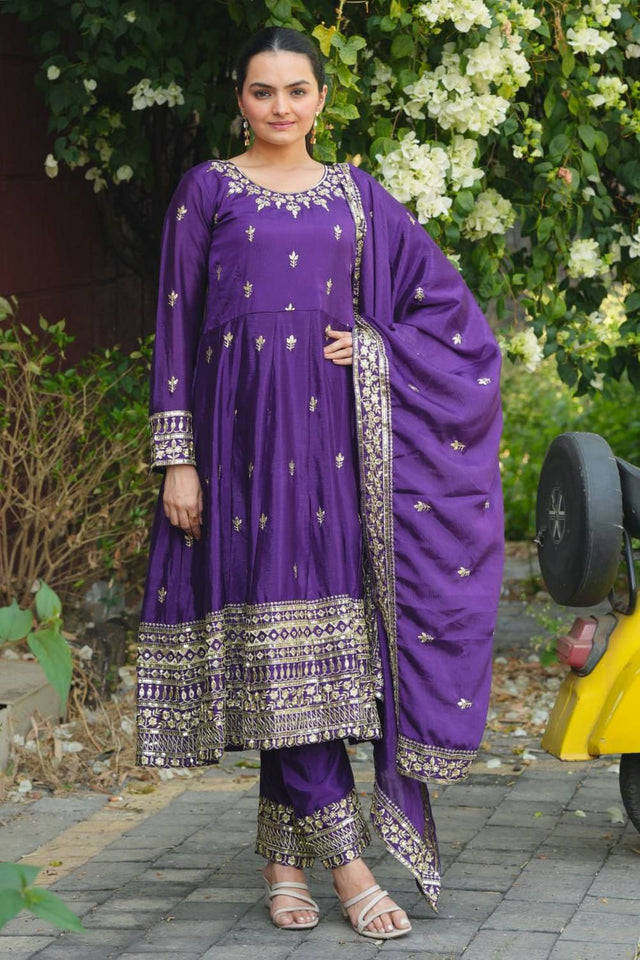 Violet Floral Embroidered Silk Anarkali Suits